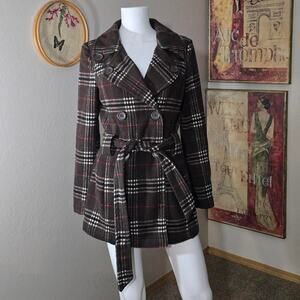 Vintage Brown Plaid Wool Blend Babydoll Pea Coat by Jou Jou Size Medium